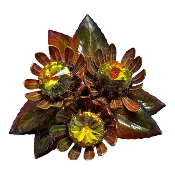 Vintage Sunflower Daisies Cluster Leaves Brooch AB Rhinestones & Enamel Leaves - Picture 1 of 5